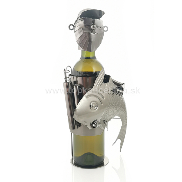 98750 Kovový stojan na víno, motív rybár s rybou