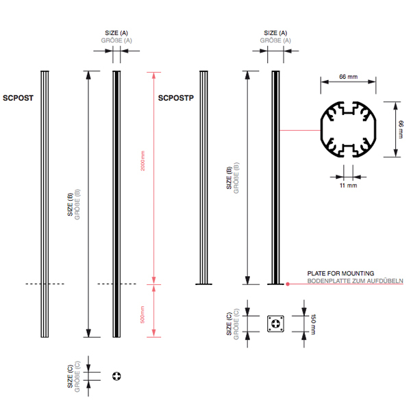 POSTP Nohy 195cm s pätkami pre vitríny CT a CL