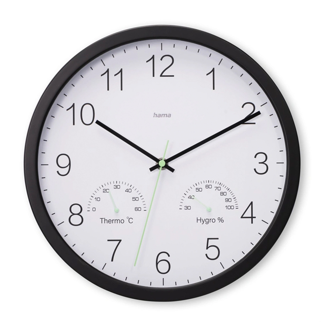 Nástenné hodiny Hama Santorini 30 cm, tichý chod, teplomer/vlhkomer, čierne 185885