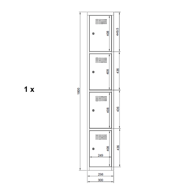 SUS314W kovová skriňa 4 uzamykateľnými priehradkami 180x30
