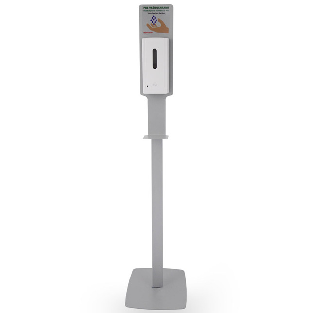 Stojan s dávkovačom na dezinfekciu rúk s poličkou