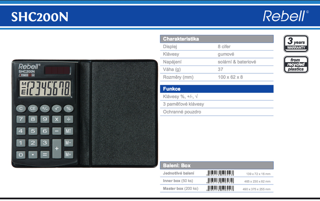 SHC200N Vrecková kalkulačka Rebel v plastovom puzdre