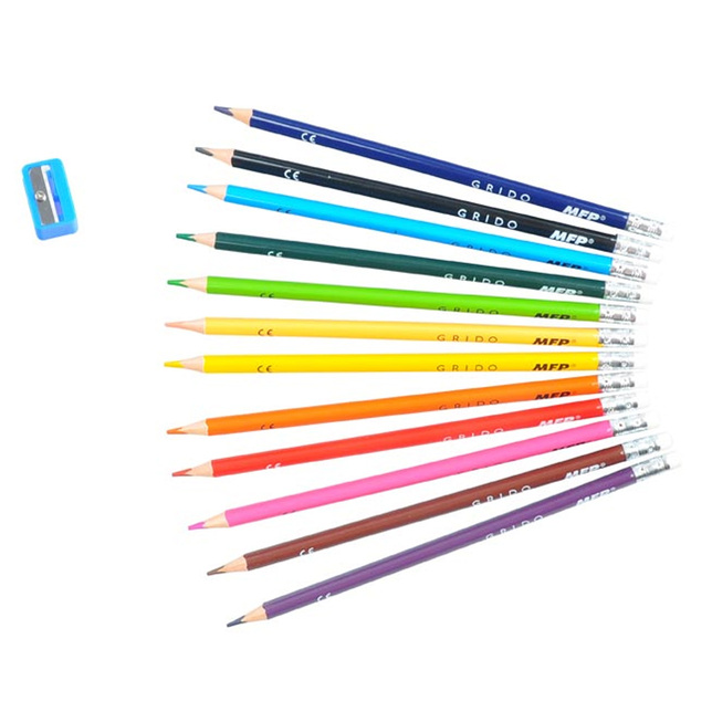 Farebné ceruzky s gumou a orezávačom MFP GRIDO 12ks 6300587