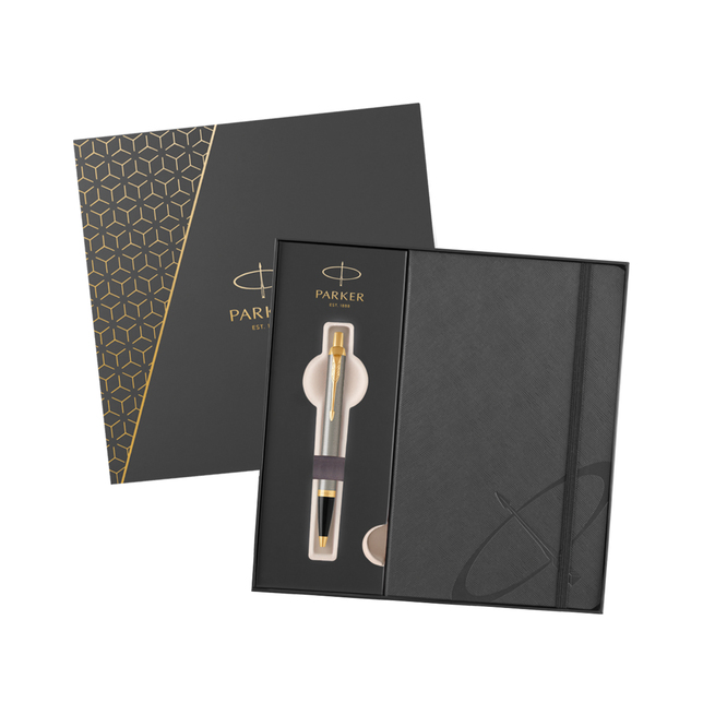 Parker IM Brushed Metal pero GT BP darčeková kazeta so zápisníkom