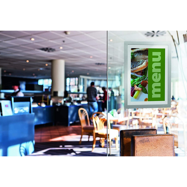 Samolepiaca tabuľa, puzdro A4 na sklo strieborný rám magnet.