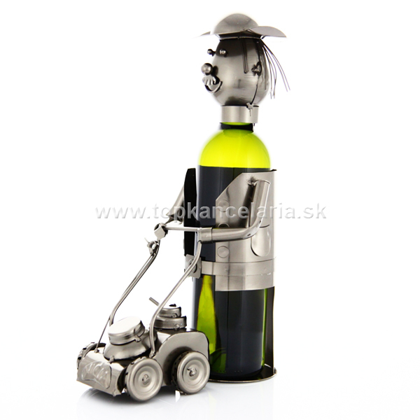 96847 Kovový stojan na víno, motív záhradník s kosačkou