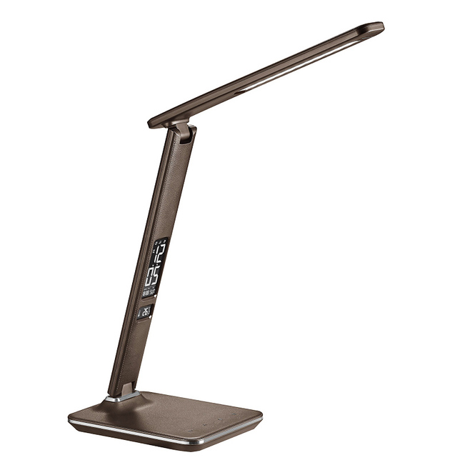 WO45H Led stolová lampa s displejom 9W, hnedá imitácia koža